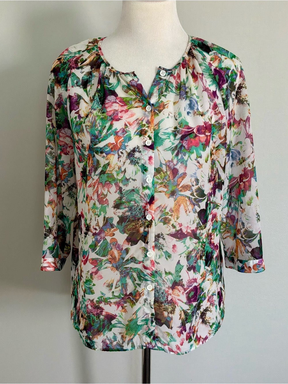 Apt 9 Womens Top Sheer Multicolor Floral 3/4 Sleeve Round Neck Button Up PM
